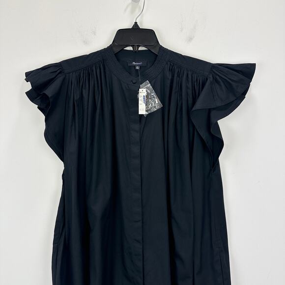 Madewell Flutter Sleeve Button Front Mini Dress Poplin Black Relaxed Medium NWT - Picture 8 of 14
